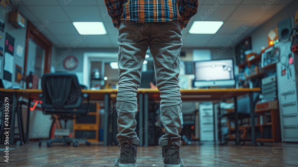 Obraz premium person from behind, standing in front of the computer, working desk, worried, deadlines, depressed, load, stress