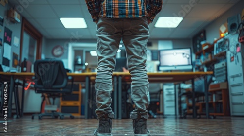 person from behind, standing in front of the computer, working desk, worried, deadlines, depressed, load, stress photo