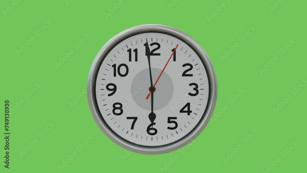 3D rendered last 1 minute of 6 o'clock wall analog clock animation with green screen background, ending 1 minute with ticking clock. 3D rendered last 1 minute of 6 o'clock wall analog clock animation with green screen background, ending 1 minute with ticking clock.