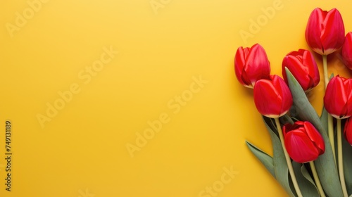 Spring red tulips on a yellow background, a holiday card. Mother's Day, Women's Day, Valentine's Day.