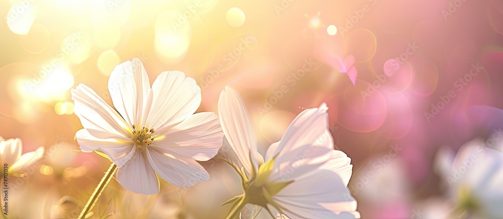 Φωτογραφία A cluster of various flowers, including an unfocused white flower blooming against a soft background, nestled among blades of grass in a natural setting