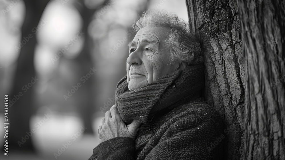 portrait of a old man, person, leaning on the tree, hugging, nature, environment portrait of a old man, person, leaning on the tree, hugging, nature, environment