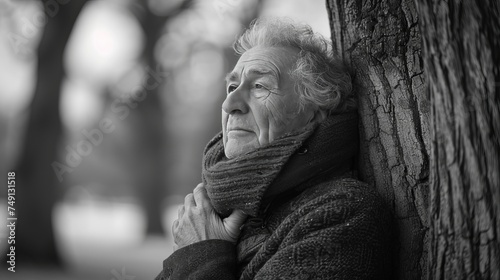 portrait of a old man, person, leaning on the tree, hugging, nature, environment