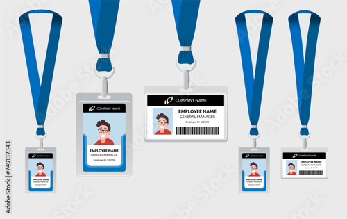 Blue ribbon lanyard design. Name badge lanyard with plastic labels. Place for branding design. Vector illustration of lanyard.