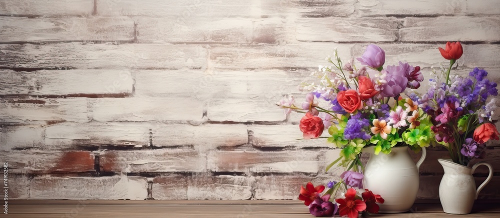 A side view of a white vase on a wooden table against a brick wall, filled with an abundance of vibrant and diverse flowers in shades of violet, red, and green. A side view of a white vase on a wooden table against a brick wall, filled with an abundance of vibrant and diverse flowers in shades of violet, red, and green.