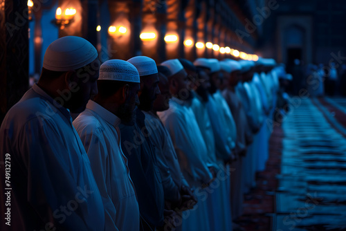 Muslim prayer in white clothes standing in mosque at Ramadan night with selective focus. Neural network generated in January 2024. Not based on any actual scene or pattern.