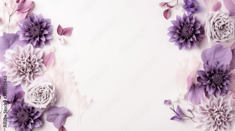 Beautiful delicate purple flowers on a white background. Abstract layout of a colored frame with space for text. An invitation to a wedding. The concept of International Women's Day, Mother's Day.