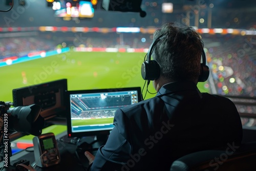 Sports commentator at a soccer game in a broadcasting booth.