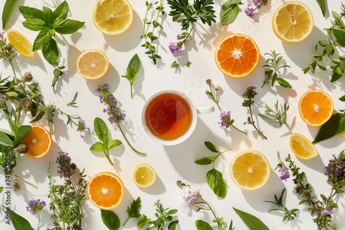 Overhead shot of herbal tea surrounded by various herbs and citrus slices on a white background.