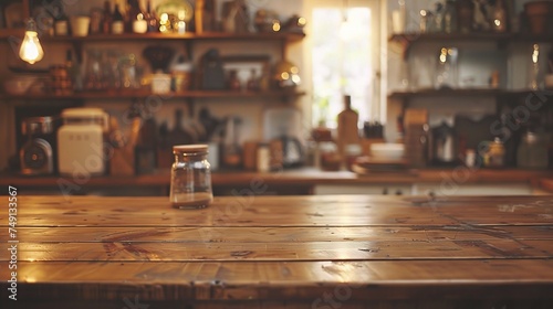 blurred background of retro kitchen with kitchen desk napkin and space