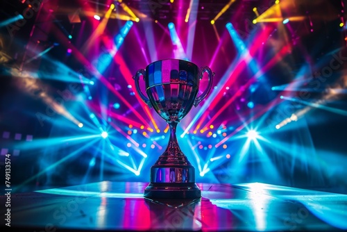 Trophy on a table with dramatic lighting and a futuristic stage background.