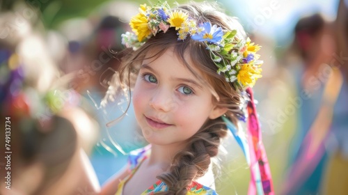 Joyful Spring Festival Dance: Young Girl with Flower Crown Twirling Colorful Ribbons