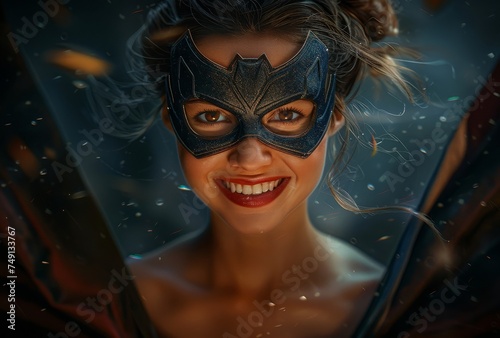 a close-up shot, a dashing and intelligent superhero girl poses before a clean background, exuding strength and charm.
