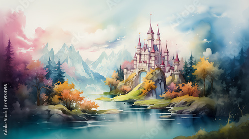 Majestic among misty mountains, a fairytale castle rises, its reflection shimmering in the tranquil lake, mirroring the vibrant hues of autumn trees. Watercolor painting illustration.