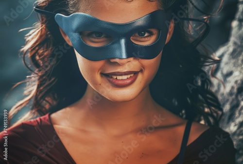 a close-up shot, a dashing and intelligent superhero girl poses before a clean background, exuding strength and charm.