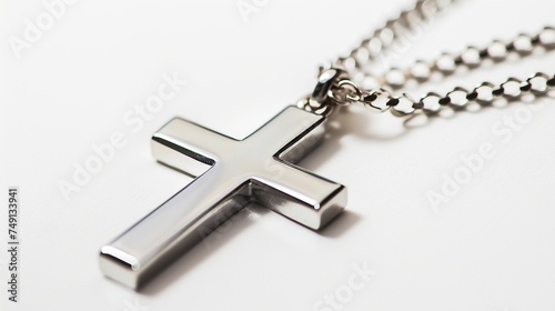 top view of silver christian cross necklace in white