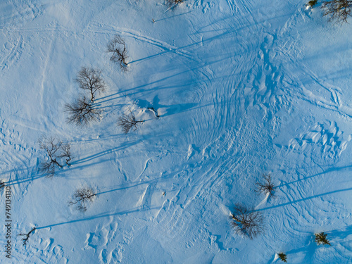 Aerial patterns of frozen snow landscape in winter in north Finland, above the arctic circle, in the Pallas-Yllästunturi National Park, around Muonio.  photo