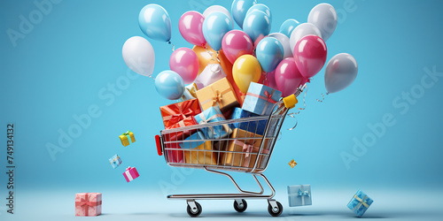 3D rendering of cute shopping cart gifts and balloons