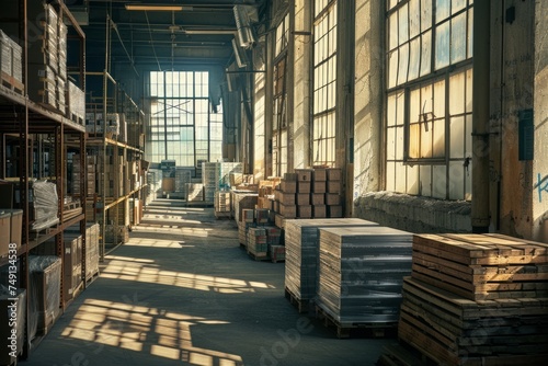 Wallpaper Mural Warehouse interior with pallets of boxed goods. Torontodigital.ca