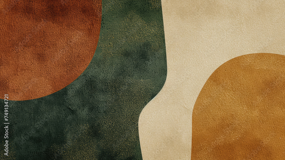 Abstract rough texture on a Neo Memphis style background with a mix of earthy brown, parchment and forest green