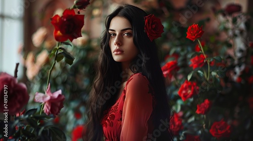 Beautiful woman wearing a red dress with red roses in her long black hair standing in a room surrounded by red roses