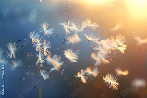 Dandelion seeds blowing in the wind.