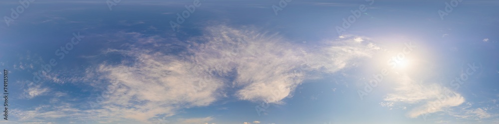 Blue summer 360 panorama of sky with clouds, no ground, in spherical equirectangular format for easy use in 3D graphics and aerial or ground composites, seamless and suitable for sky replacement. Blue summer 360 panorama of sky with clouds, no ground, in spherical equirectangular format for easy use in 3D graphics and aerial or ground composites, seamless and suitable for sky replacement.