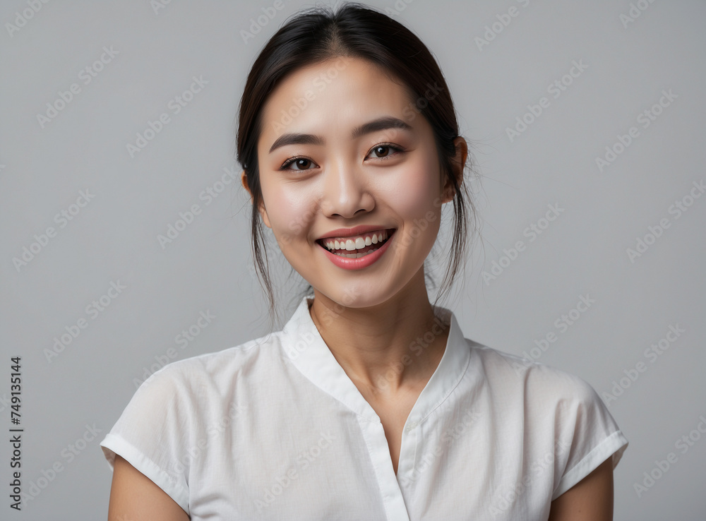 Happy woman with black brown hair, isolate on gray background. Happy woman with black brown hair, isolate on gray background.