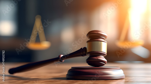 A gavel on table top with blur background of lawyer office photo