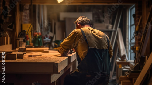 View from behind of a carpenter working