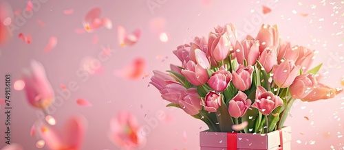 A bouquet of pink tulips is elegantly arranged in a pink vase. The vibrant flowers contrast beautifully with the soft pink backdrop, creating a cheerful and festive display.