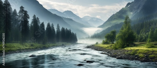 A river meanders through a dense, green forest of coniferous trees in the foggy Altai Mountains. The lush vegetation thrives alongside the flowing water, creating a harmonious natural landscape.