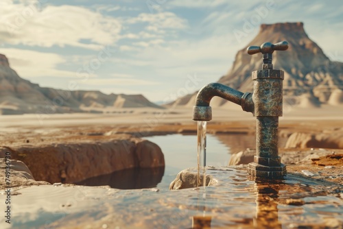 Rustic tap with flowing water, desert background, concept of scarcity.