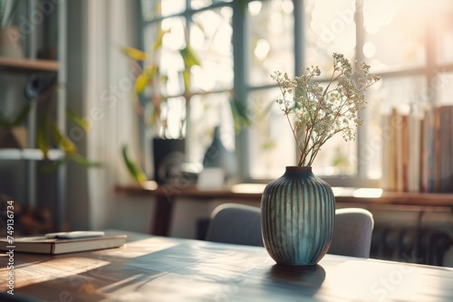 Elegant vase with delicate flowers on sunlit table, cozy interior.