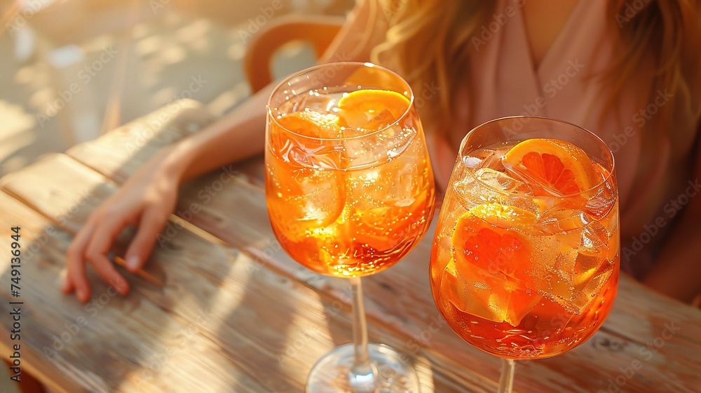 Close up of two aperol spritz drinks on sunny beige background - obrazy, fototapety, plakaty 