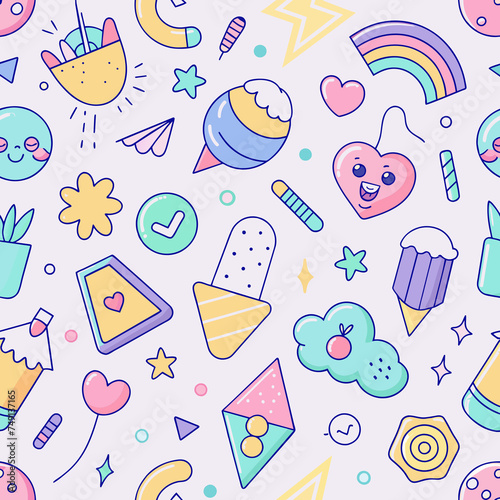 Sweets Galore Seamless Pattern: Vector Illustration of Colorful Cartoon Desserts Perfect for Birthday, Baby, or Party Designs