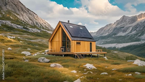 Located in a remote mountain valley this offgrid cabin is completely selfsufficient. The compact design maximizes space and energy efficiency while the surrounding landscape photo