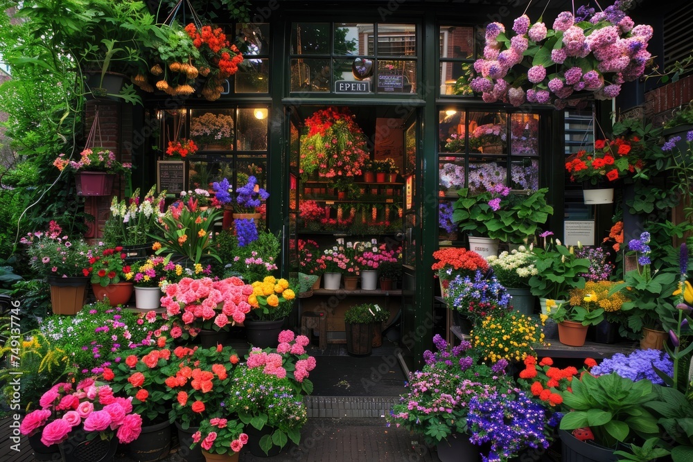 Fototapeta premium A flower shop, beautiful colorful flowers outdoor.