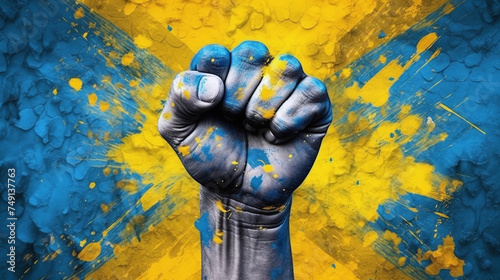 Fist painted in Ukrainian flag colors as a symbol of fighting for freedom