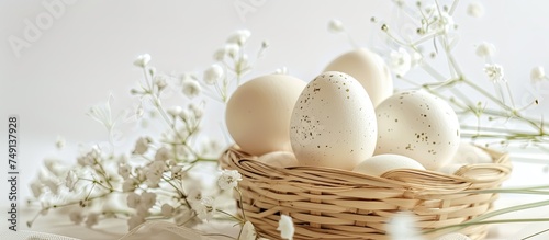 A bamboo basket filled with beautiful white Easter eggs is placed on top of a table. The serene white background highlights the simplicity and charm of the scene.
