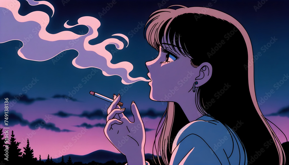Obraz premium Illustration of a young woman smoking a cigarette in the night in Japanese anime style.