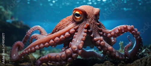 portrait of common octopus with blue sea underwater background