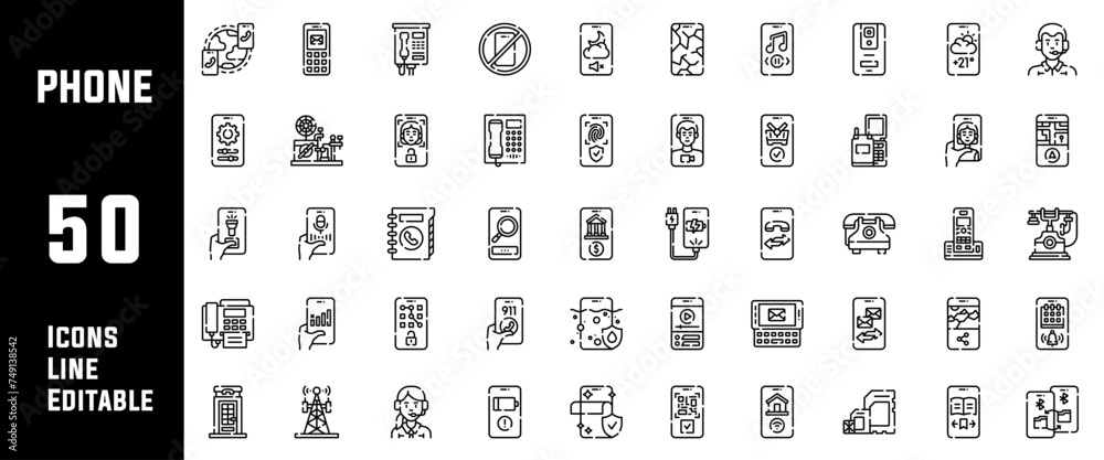 50 Phone & Contact Icons Set Line Editable Vector Illustration