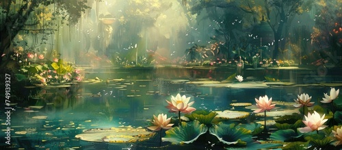 The beauty of water lilies in full bloom in a serene pond. The delicate petals and vibrant colors of the lilies are contrasted by the calm waters reflecting the surrounding greenery.