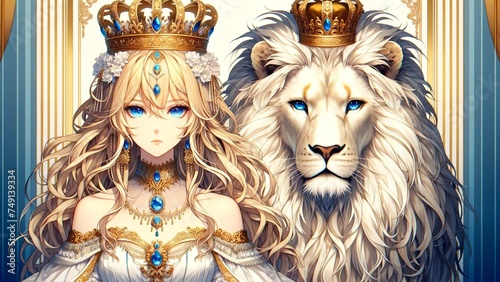 illustration of a lady with a lion king, a regal character that is a fusion of a woman and a lion, symbolizing strength and royalty