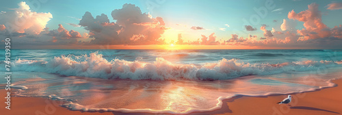 Panorama view of tropical sunset beach nature abstract background. Summer and environment concept. Generative ai. © tonktiti
