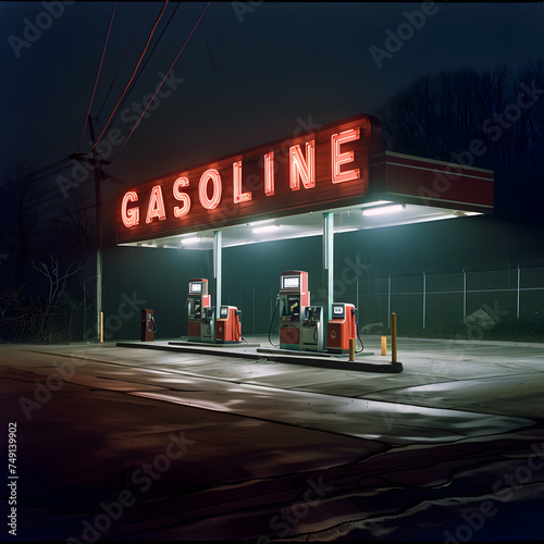 An old fashioned gas station with a neon Gasoline sign 