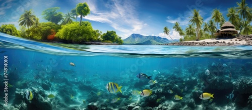 A detailed painting depicting a tropical island in Honaunau Bay, Big Island, Hawaii. The vibrant scene includes lush palm trees, clear blue waters, and colorful fish swimming in the ocean.