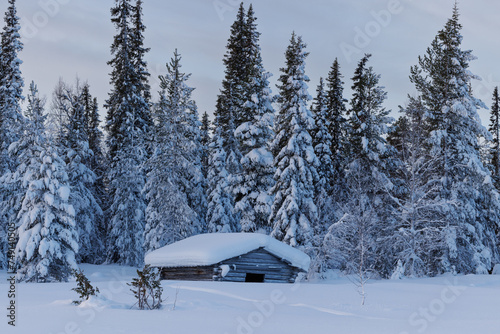 Hut in the forest grown over with frost in deep Winter in northern Finland, above the arctic circle, in Pallas Yllästunturi National Park around Muonio.