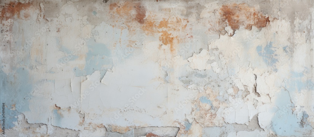 Obraz premium An aged concrete wall covered in deteriorating layers of paint, showcasing a textured surface with peeling sections and visible weathering.